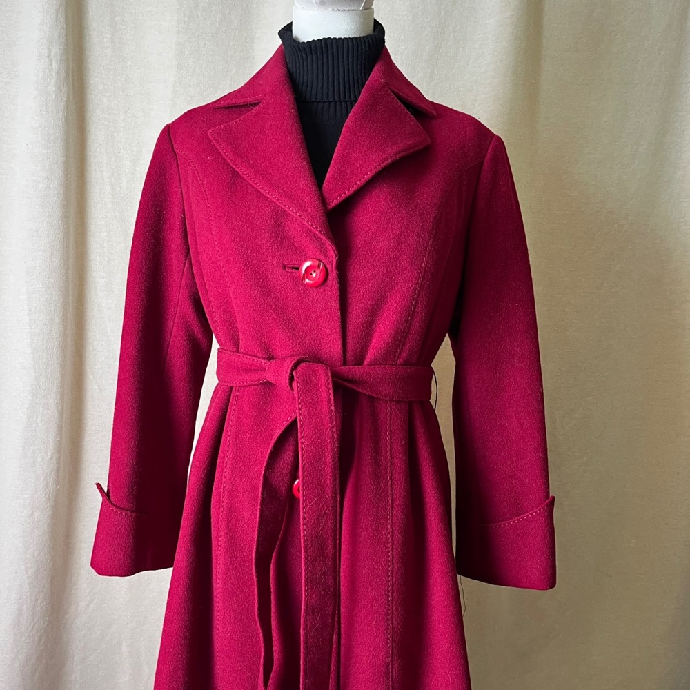 Vintage Red Wool Belted Coat XS S Quilted Zip Out Lining - Picture 2 of 10